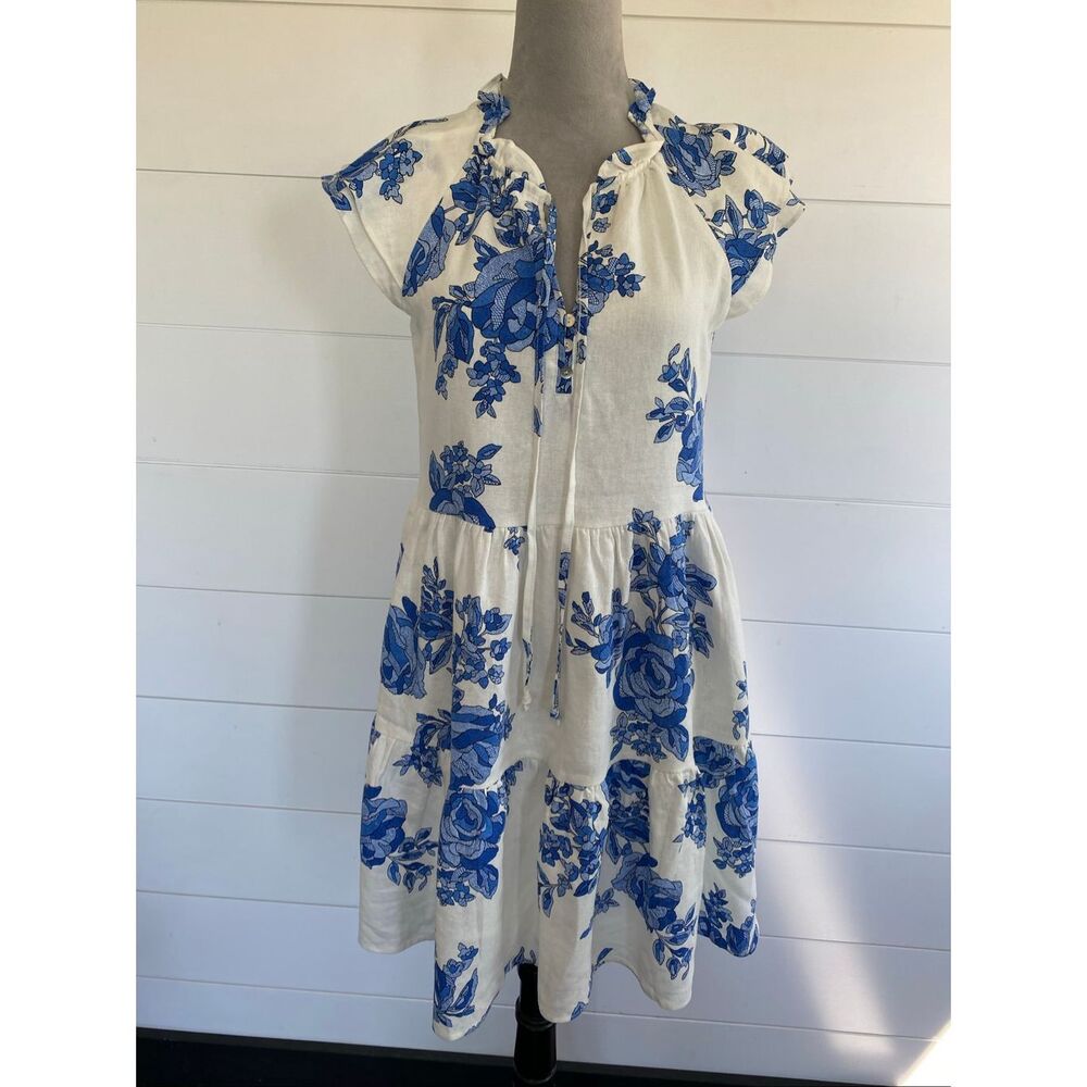 CECE WOMEN'S LOVELY BLUE/WHITE FLORAL LINED LINEN BLEND DRESS SIZE XS